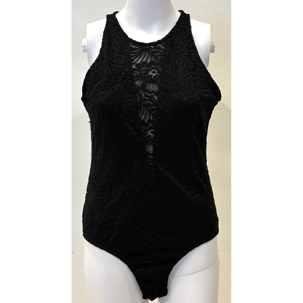 Gianni Bini Black Lace Bodysuit Size L Layer Goth Dark Romance Clubwear Coquette